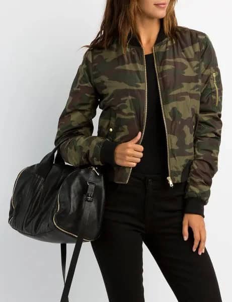 Camo Windbreaker with Black Top & Skinny Jeans