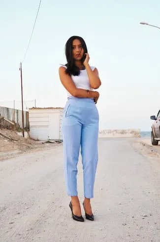 White Sleeveless Top with Light Blue High Waisted Ankle Pants