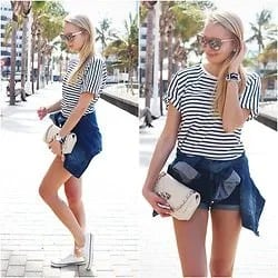 Navy and Grey Striped T Shirt with Denim Shorts