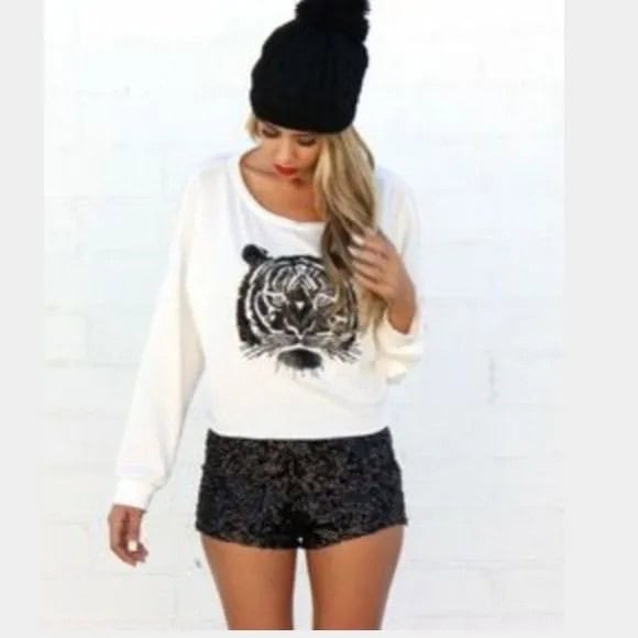 White Printed Relaxed Fit Sweater with Black Shorts