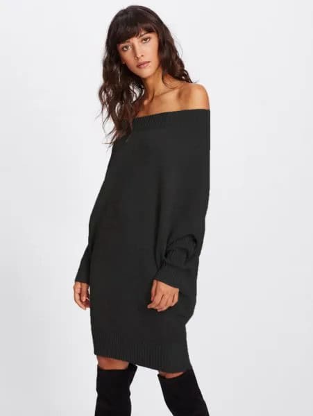 Black Off The Shoulder Chunky Sweater Dress