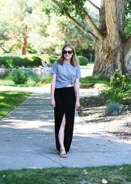 Grey Knotted T Shirt with Black High Slit Cotton Maxi Skirt