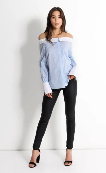 Off The Shoulder Blue Pinstripe Shirt with Black Skinny Jeans