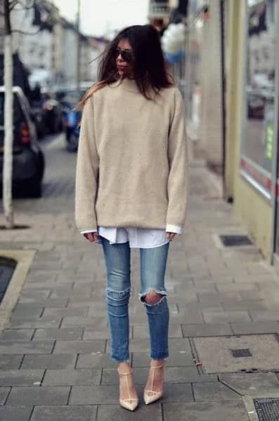 Blush Pink Knit Sweater with White Button Up Shirt & Ripped Knee Jeans