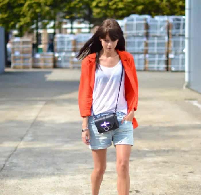 Red Blazer with Light Blue Denim Boyfriend Shorts