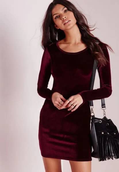 Black Long Sleeve Velvet Bodycon Mini Dress