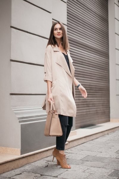 Beige Half Sleeve Long Trench Coat with Black Vest Top