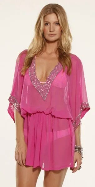 Pink Gathered Waist Chiffon Cover Up Dress