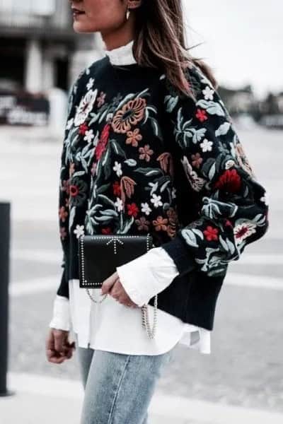 Black Embroidered Sweater Over White Mock Neck Shirt