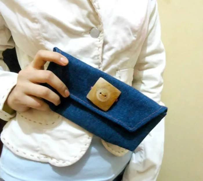 Pale Yellow Button Up Linen Blouse with Blue Denim Mini Cute Purse