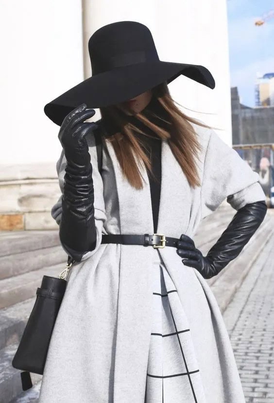 Grey Coat + Long Black Gloves