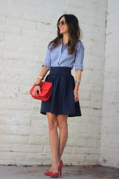 Blue Shirt with Navy Belted Skater Mini Skirt