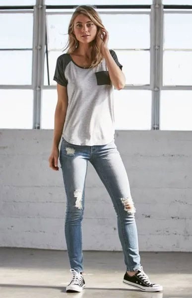 Grey and White T Shirt with Grey Skinny Low Waisted Ripped Jeans