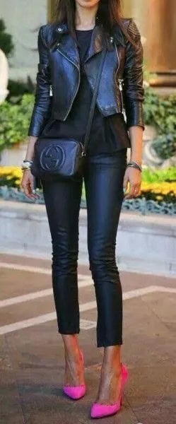 Black Fitted and Short Moto Jacket with Cropped Leather Pants