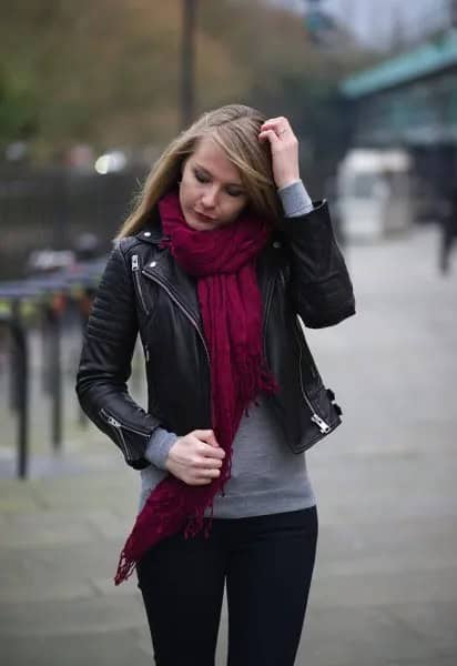 Leather Biker Jacket with Red Linen Scarf