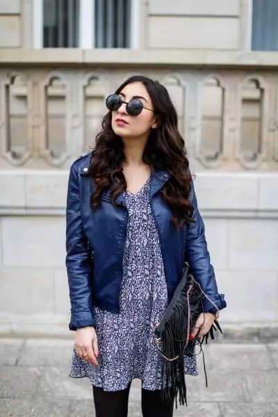 Navy Leather Jacket with Black Tribal Printed Chiffon Mini Dress