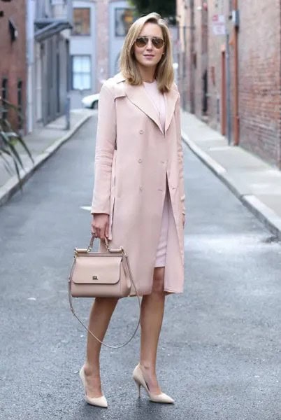 Pale Pink Longline Wool Coat with White Crew Neck Bodycon Mini Dress