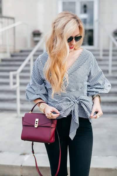 Black and White Checkered Tie Waist Wrap Blouse