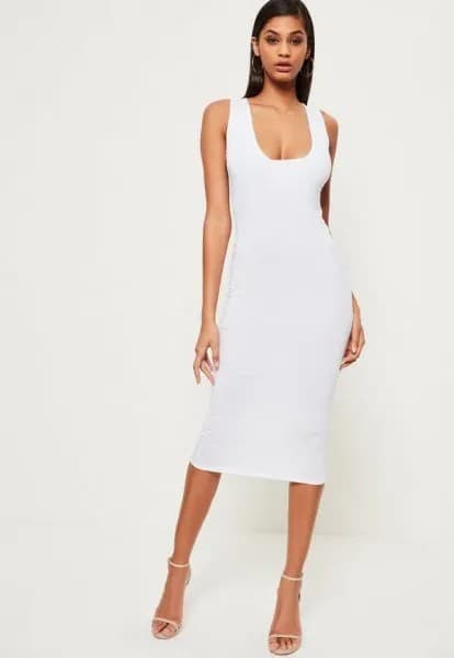 White Low Square Neck Midi Bodycon Dress