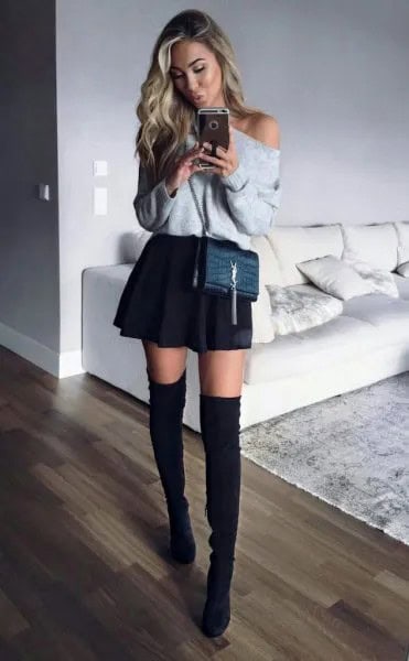 Grey Off The Shoulder Sweater with Black Mini Skater Skirt