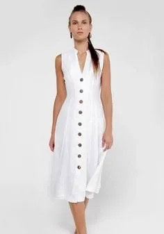 Sleeveless Button Front Midi Sheath Linen Dress