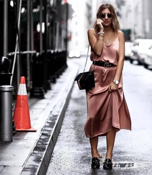 Rose Gold Belted Maxi Slip Dress