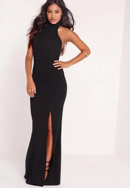 Black High Neck Halter Maxi Dress