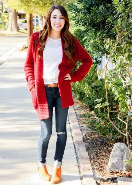 White Lace Blouse with Red Chunky Cardigan