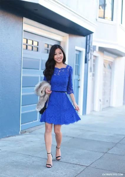 Blue Half Sleeve Lace Gathered Waist Mini Skater Dress