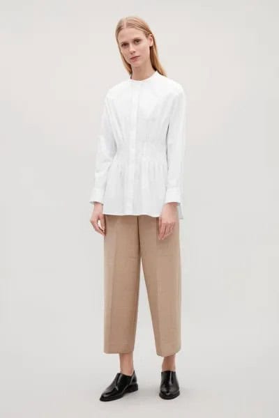 White Peplum Collarless Shirt with Wide Leg Cropped Pants