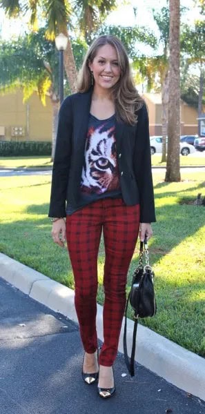 Black Scoop Neck Graphic T Shirt with Casual Blazer & Red Plaid Pants