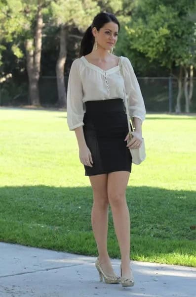 White Blouse with High Waisted Black Bodycon Mini Skirt