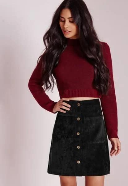 Burgundy Cropped Knit Sweater with Black Corduroy Mini Skirt