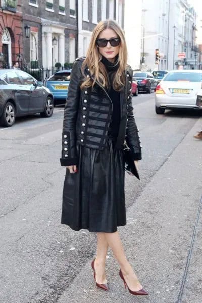 Black Leather Military Blazer with Midi Flared Skirt