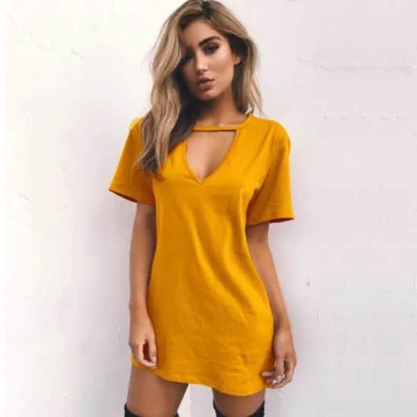 Yellow Cutout Front T Shirt Dress with Thigh High Boots