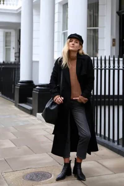 Black Maxi Coat with Camel Mock Neck Ribbed Sweater