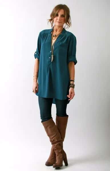 Teal Oversized Chiffon Button Up Shirt with Black Skinny Jeans