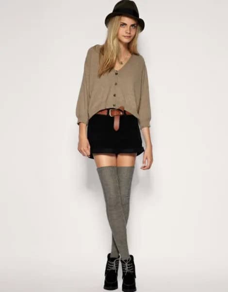 Grey Socks with V Neck Sweater & Black Shorts