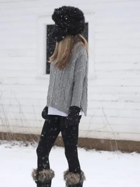 Grey Chunky Cable Knit Sweater with Faux Fur Knee High Boots