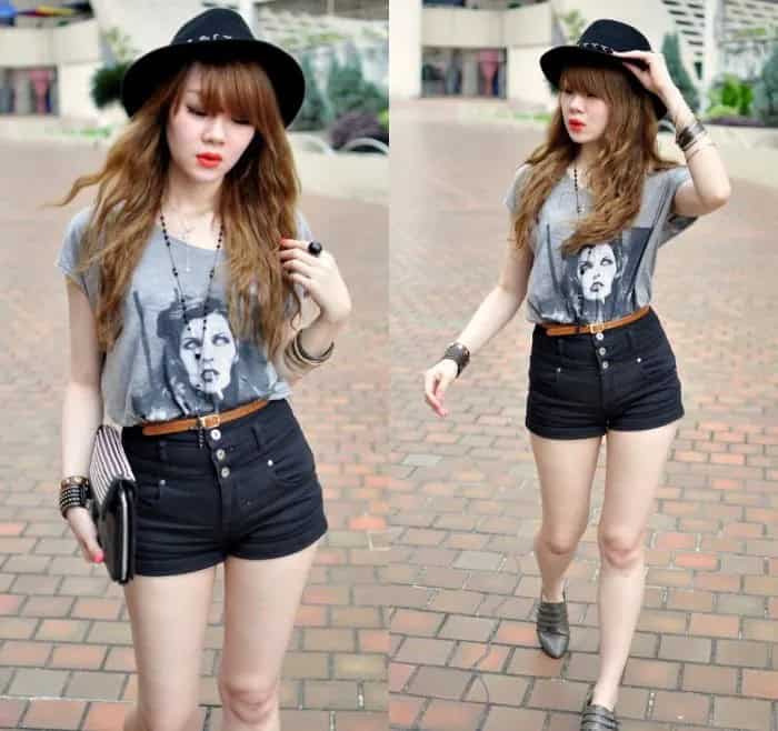 Grey Graphic T Shirt with Black Button Front Shorts