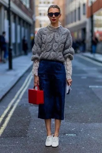 Grey Chunky Sweater with Navy Midi Skirt & White Leather Shoes