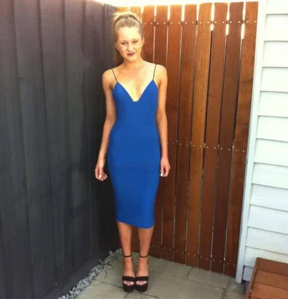 Royal Blue Mini Deep V Neck Slip Dress with Black Open Toe Heels