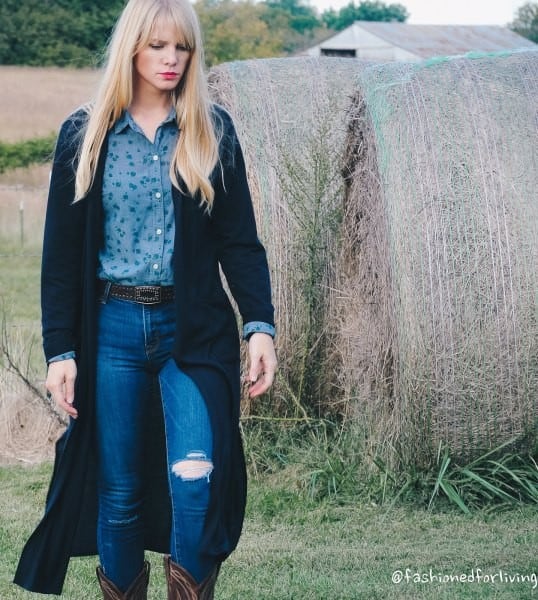 Black Maxi Cardigan with Purple Button Up Shirt & Blue Jeans