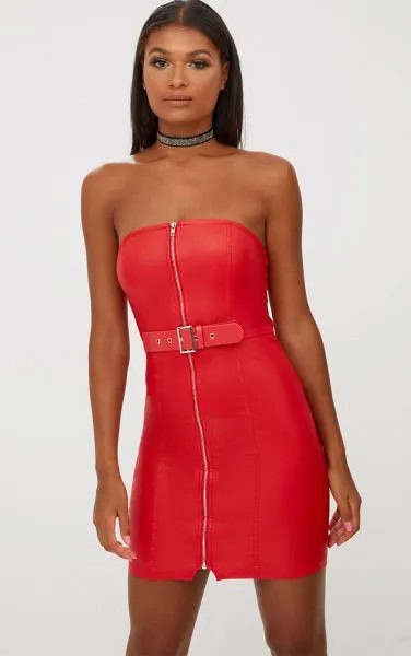 Red Zipper Front Faux Leather Tube Dress with Choker