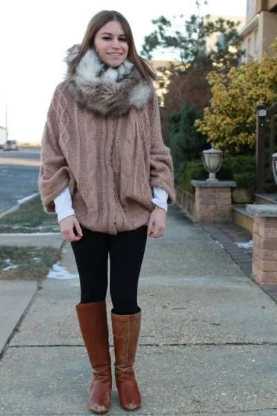 Grey Cable Knit Sweater Over White Long Sleeve Tee