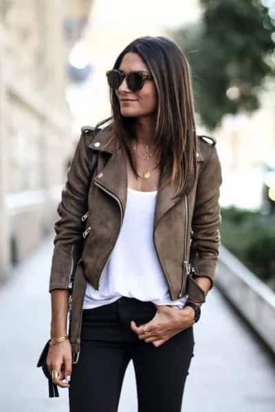 Grey Suede Short Biker Jacket with White Scoop Neck Tank Top