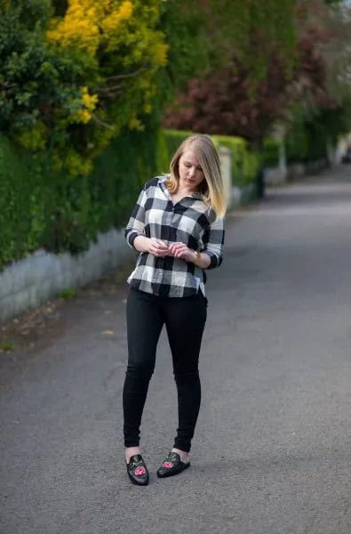 Black and White Plaid Boyfriend Shirt with Skinny Jeans & Embroidered Loafers