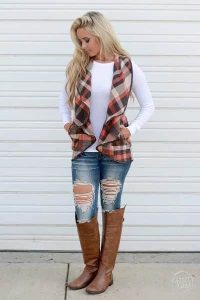 Red, Black and White Plaid Chiffon Vest with White Long Sleeve T Shirt