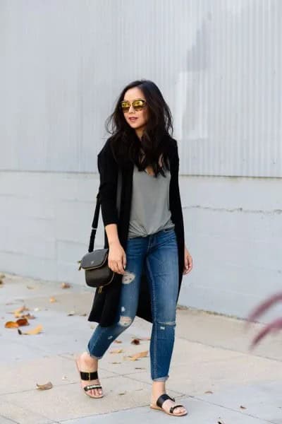 Black Cardigan with Grey Tee & Ripped Jeans