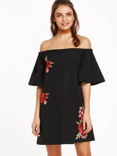 Black Off The Shoulder Mini Shift Dress with Subtle Embroidered Details